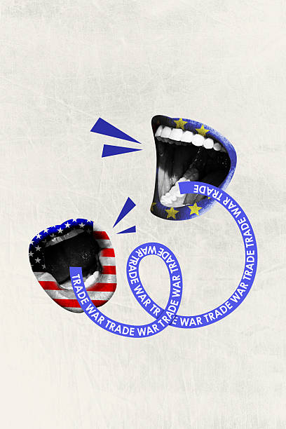istock Creative artwork template sketch image 3D collage of two huge mouth open lips talk trade war geo politics market american flag print 2218735694