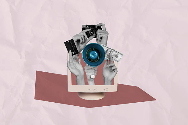istock Trend pop collage of computer screen with loudspeaker banknote camera on pink background 2218735963