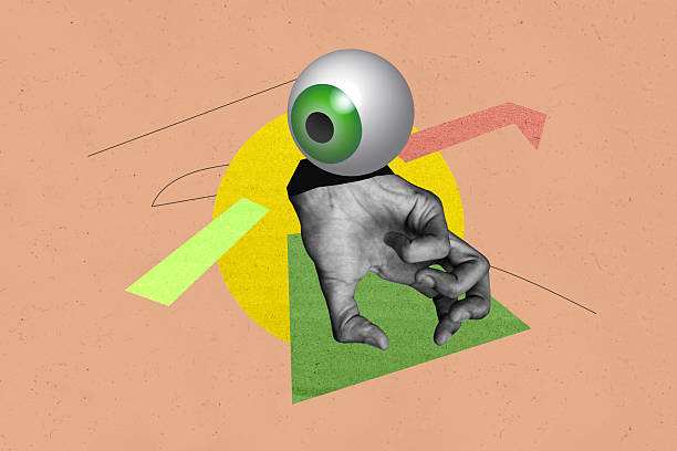 istock Creative retro 3d magazine collage image of hands show human eyeball stare third esoteric eyesight jewish control espionage 2218736177