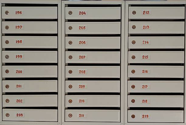 istock collection mailboxes arranged in row with numbered slots for residents in communal living space. 2218739477