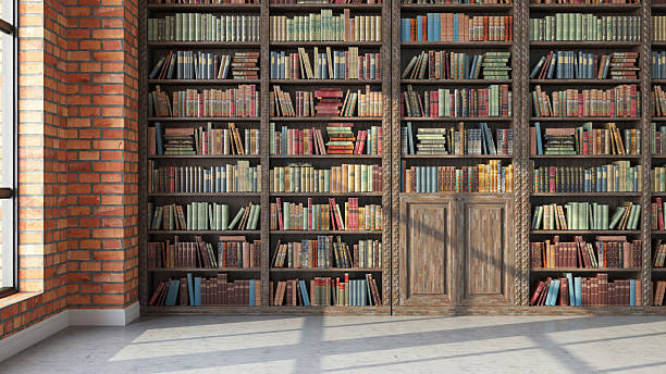 istock Rustic Wooden Bookshelf With Brick Wall in Cozy Library 2218741244