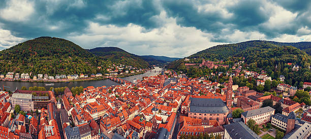 Aerial panoramic view of landmark and beautiful Heidelberg city with Neckar river, Germany. Travel destination concept