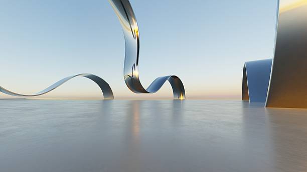 istock 3d illustration of abstract wavy architecture background, Minimal curved geometry architectural design, Car presentation backdrop with empty concrete floor, Flowing geometric metal building design 2218746158