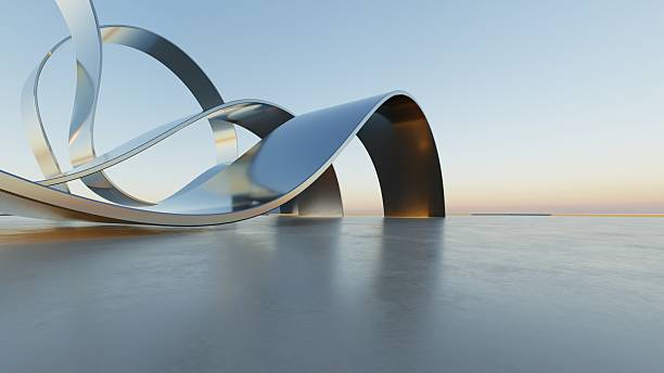 istock 3d illustration of abstract wavy architecture background, Minimal curved geometry architectural design, Car presentation backdrop with empty concrete floor, Flowing geometric metal building design 2218746160