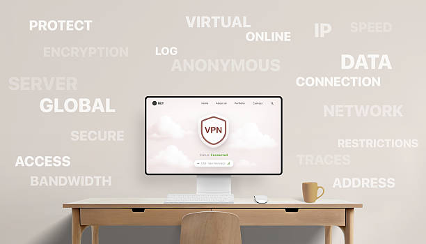 istock VPN dashboard on screen with numerous wall words like protect, virtual, anonymous, and online in a secure workspace setup 2218752720