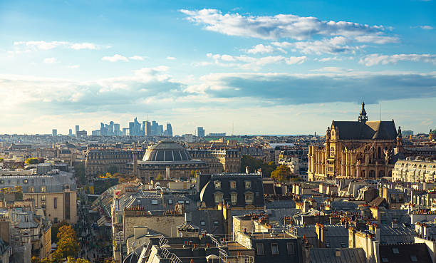 Paris panoramic view Panoramic view on central Paris cityscape with Saint-Eustache church, Dome of Bourse de Commerce and La Defence business district on a horizon église saint eustache stock pictures, royalty-free photos & images
