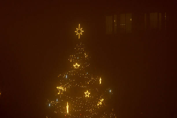 A beautiful Christmas tree with golden lights stands majestically against a foggy night backdrop, creating an enchanting holiday scene that captivates the heart and soul