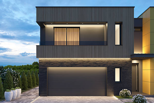 istock Modern Two-Story House at Dusk with LED Lighting and Contemporary Facade 2218763555