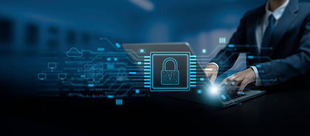 istock Cybersecurity and data protection concept, businessman using laptop with virtual padlock hologram, secure connection, encryption, digital security firewall, and network protection for business systems 2218767997