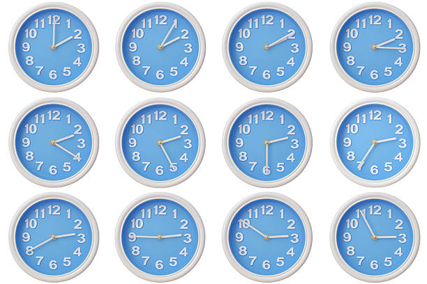 Twelve blue wall clocks with white frames showing 02:00 to 02:55 or 14:00 to 14:55 illustrating the passage of time or time zone variation