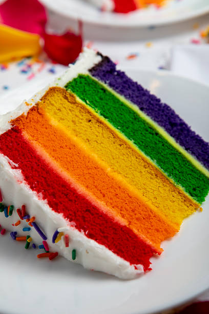 istock Beautiful Rainbow birthday cake slice, celebrate with color. 2218771706