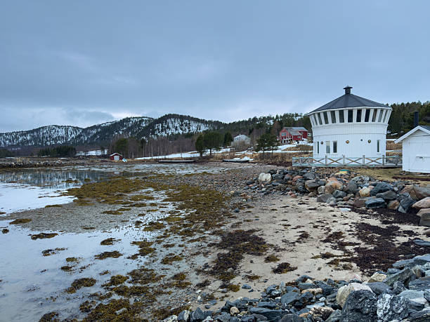 Scenic coastal view with a round white lighthouse by the rocky shoreline. Snow-capped mountains in the background under a cloudy sky. Tranquil nature scene with waterfront charm.