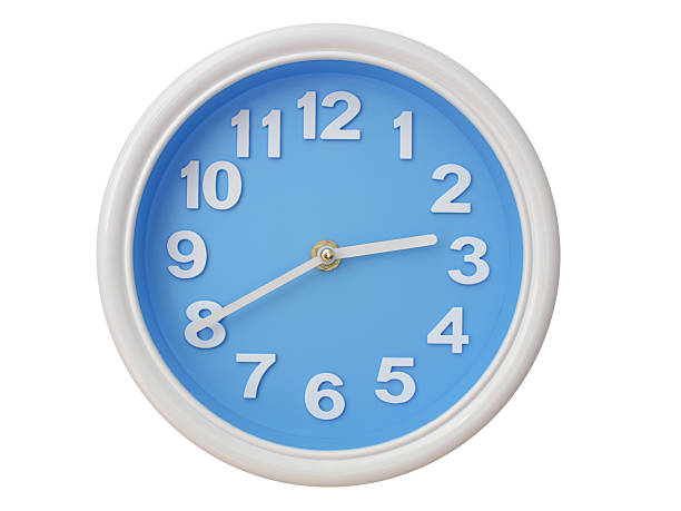 Wall clock with a blue face and white frame showing exactly 02:40 or 14:40. Represents time, deadlines.