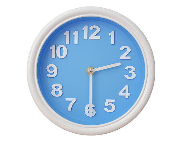 Wall clock with a blue face and white frame showing exactly 02:30 or 14:30. Represents time, deadlines.