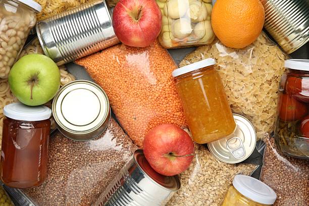istock Food donation. Different products on table, top view 2218777716