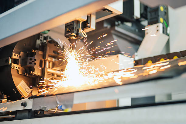 robotic cutter generating sparks while processing metal in cnc-driven smart factory with sparks during automated metalwork in high-speed manufacturing in AI computor concept
