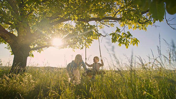 istock Mother and Son at Swing below Oak Tree in Sunny,Idyllic Summer Meadow 2218779639