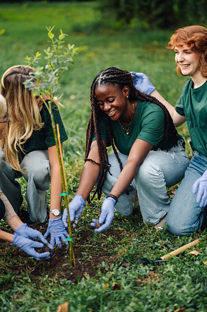 istock Volunteers planting a young tree in a park for a greener future 2218780242