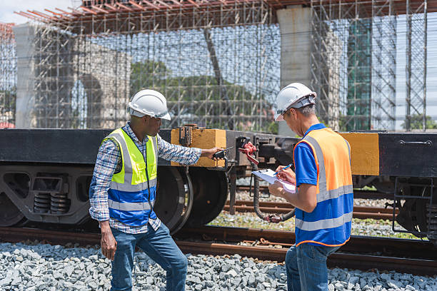 istock Railroad Engineers Inspecting Train Wheel and Undercarriage, Construction Workers or Technicians Examining Railway Equipment, On Site Inspection of Train by Safety Professionals 2218783642