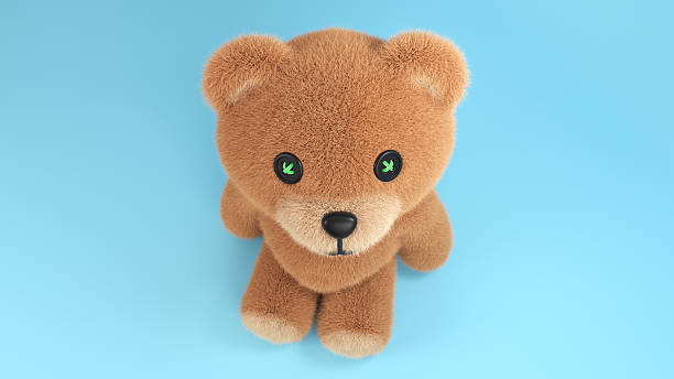 Sitting cute Teddy Bear fluffy toy on blue background. 3D rendered banner