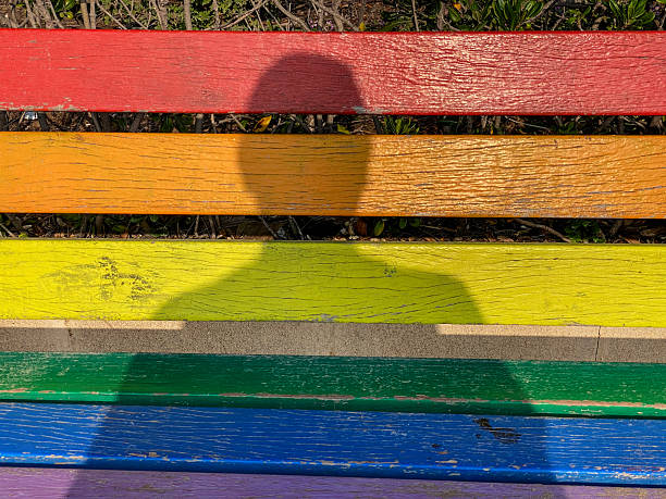 High angle close-up view of a shadow of a man projecting over a rainbow painted park bench in the city of Valencia, Spain