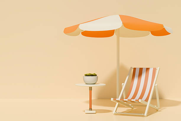istock Relaxing beach setup with chair, umbrella, and table for summer leisure. 3d rendering 2218791646