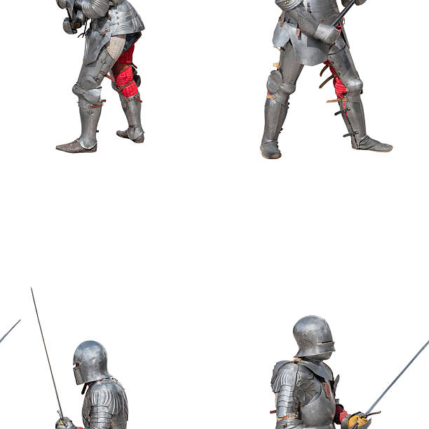istock Knight in shiny metal armor on a white background. 2218795003