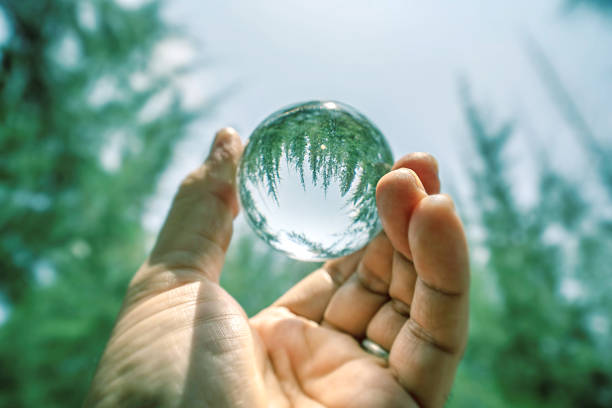 istock Hand Holding Crystal Ball with Reflected Sky and Trees – Artistic Perspective on Nature and Reflection 2218795540