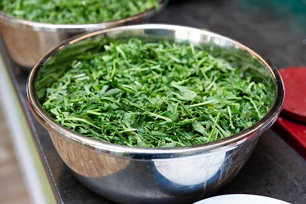 istock Fresh Arugula Greens in Stainless Steel Bowl. 2218795896