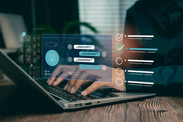 istock Ai chat bot. Modern Technology Concept of Online Communication and Task Management on Laptop in Digital Workspace Environment 2218807638