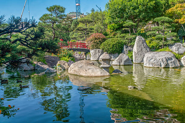 Awesome view on  Japanese garden in Monaco (Monte Carlo district): rocks in water of pind , topiary pine trees, In distance red bridge.    Lantern mount in water.