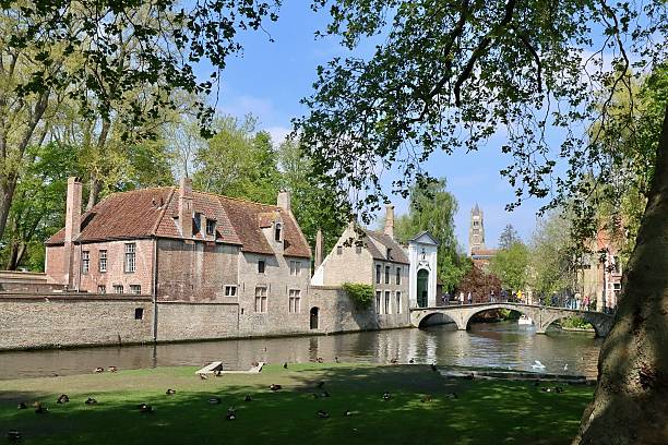 A canal and bridge in the medieval city of Bruges, Belgium
