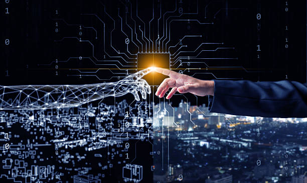 konzept der digitalen zwillinge. der finger eines mannes berührt einen digitalen finger und schlägt eine brücke zwischen der physischen und der digitalen welt für die modellierung von geschäfts- und technologiesimulationen - digitaler zwilling stock-fotos und bilder