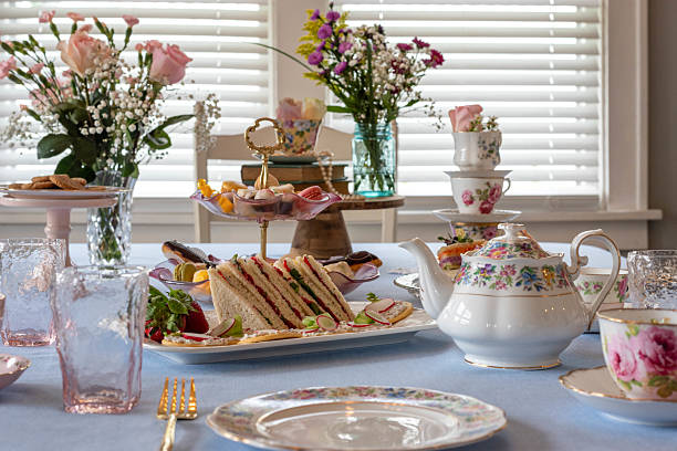 Pretty tea party tablescape using vintage china and glassware