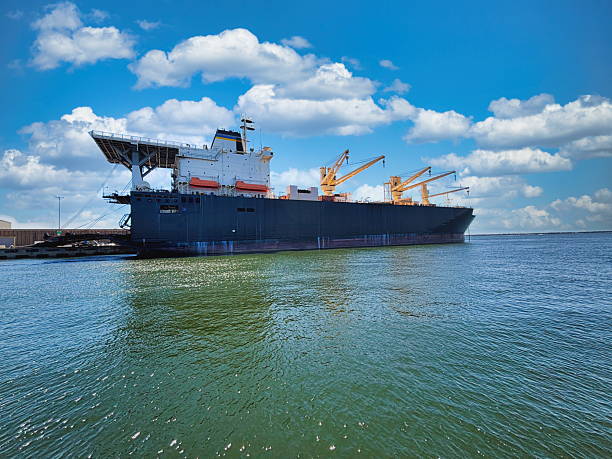 A large cargo ship rests in Pensacola's harbor, its dark hull reflecting the vibrant blue sky.