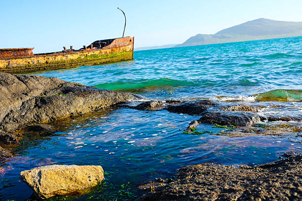 Wooden shipwreck on the beach with a sea background