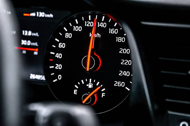 istock Car screen dashboard with hundred thirty km on speedometer indicator.Intelligent driver digital information panel system in modern luxury automobile.Safe driving concept. 2218826673