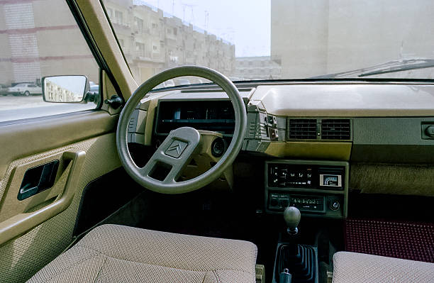 The front interior of a 1984 Citroen BX 16 TRS. The car was designed by Marcello Gandini of Bertone. This image was originally shot on film, and the negative was scanned to obtain this image.