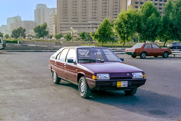 1984 Citroen BX 16 TRS. The car was designed by Marcello Gandini of Bertone. This image was originally shot on film, and the negative was scanned to create this image. Front view.