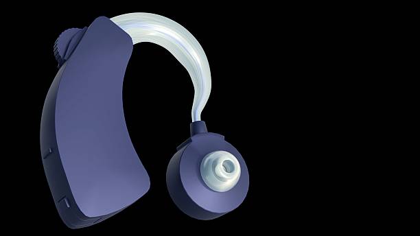 A 3d rendering of pair of behind-the-ear or BTE hearing aids, emphasizing the medical purpose of the devices., emphasizing the medical purpose of the devices.