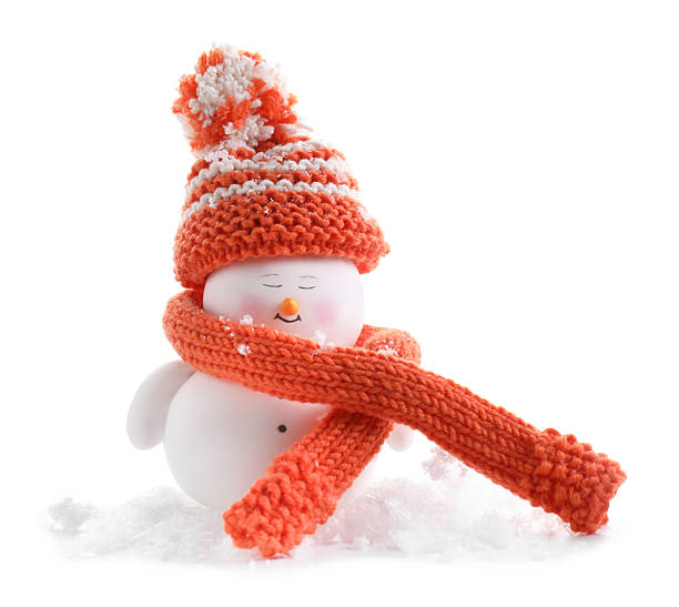Cute decorative snowman and artificial snow isolated on white