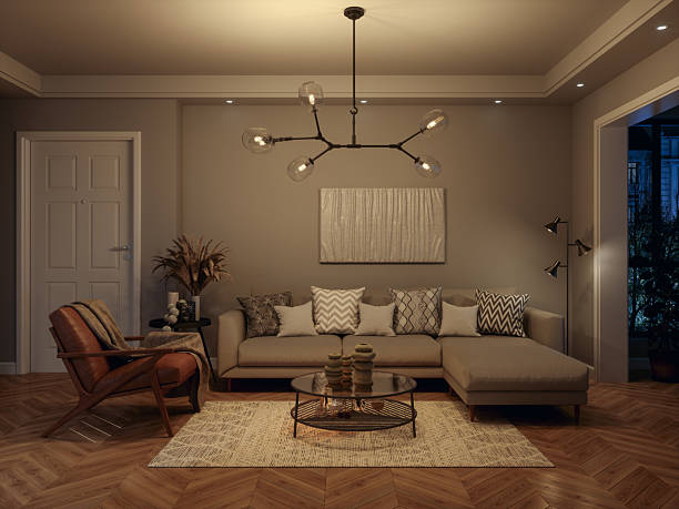 istock Modern Living Room Interior With Corner Sofa, Leather Armchair, Pendant Light And Coffee Table At Night 2218865959