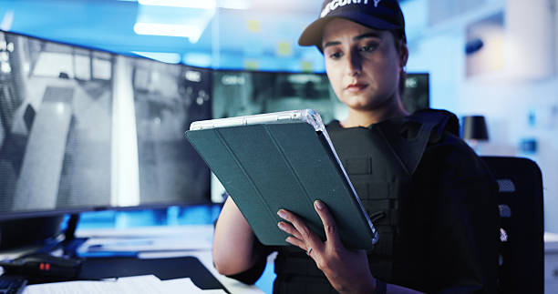 istock Security guard, woman and tablet with surveillance, cctv observation app and watching at night. Officer, video station and technology in control room for monitor, safety or footage for protection 2218866217