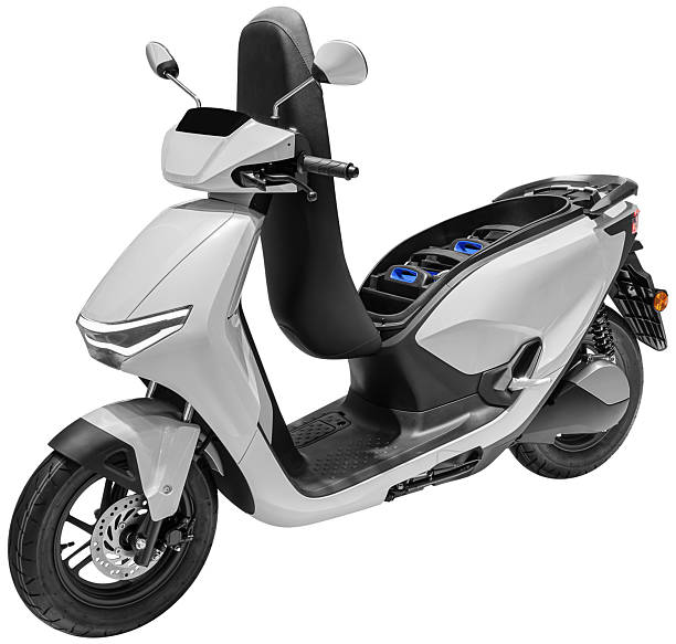 istock White electric motorcycle open the seat with battery inside isolated on white background with clipping path 2218870055