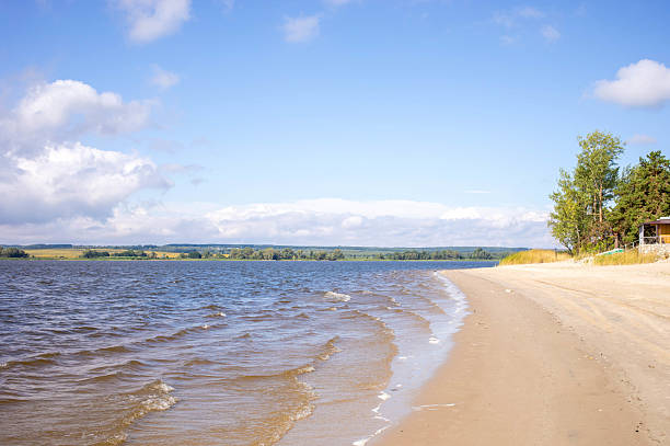Serene beach landscape featuring gentle waves lapping against a sandy shore, with lush greenery and distant hills creating a peaceful atmosphere, inviting relaxation and tranquility