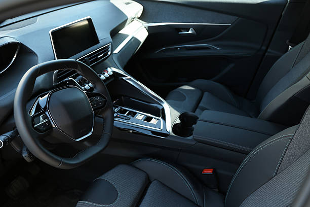 istock Steering wheel and dashboard inside of modern luxury car, closeup 2218874551