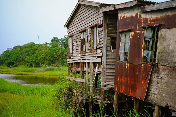 An old, weathered wooden house on stilts by a lush, green riverbank under a bright sky.