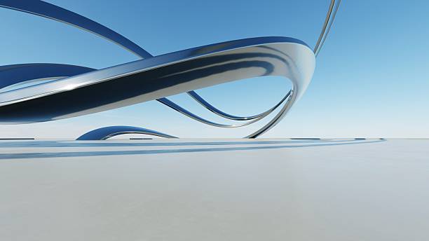 istock 3d illustration of abstract wavy architecture background, Minimal curved geometry architectural design, Car presentation backdrop with empty concrete floor, Flowing geometric metal building design 2218879941