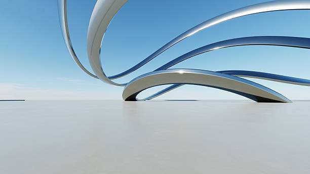 istock 3d illustration of abstract wavy architecture background, Minimal curved geometry architectural design, Car presentation backdrop with empty concrete floor, Flowing geometric metal building design 2218879942