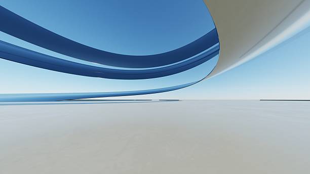 istock 3d illustration of abstract wavy architecture background, Minimal curved geometry architectural design, Car presentation backdrop with empty concrete floor, Flowing geometric metal building design 2218879944